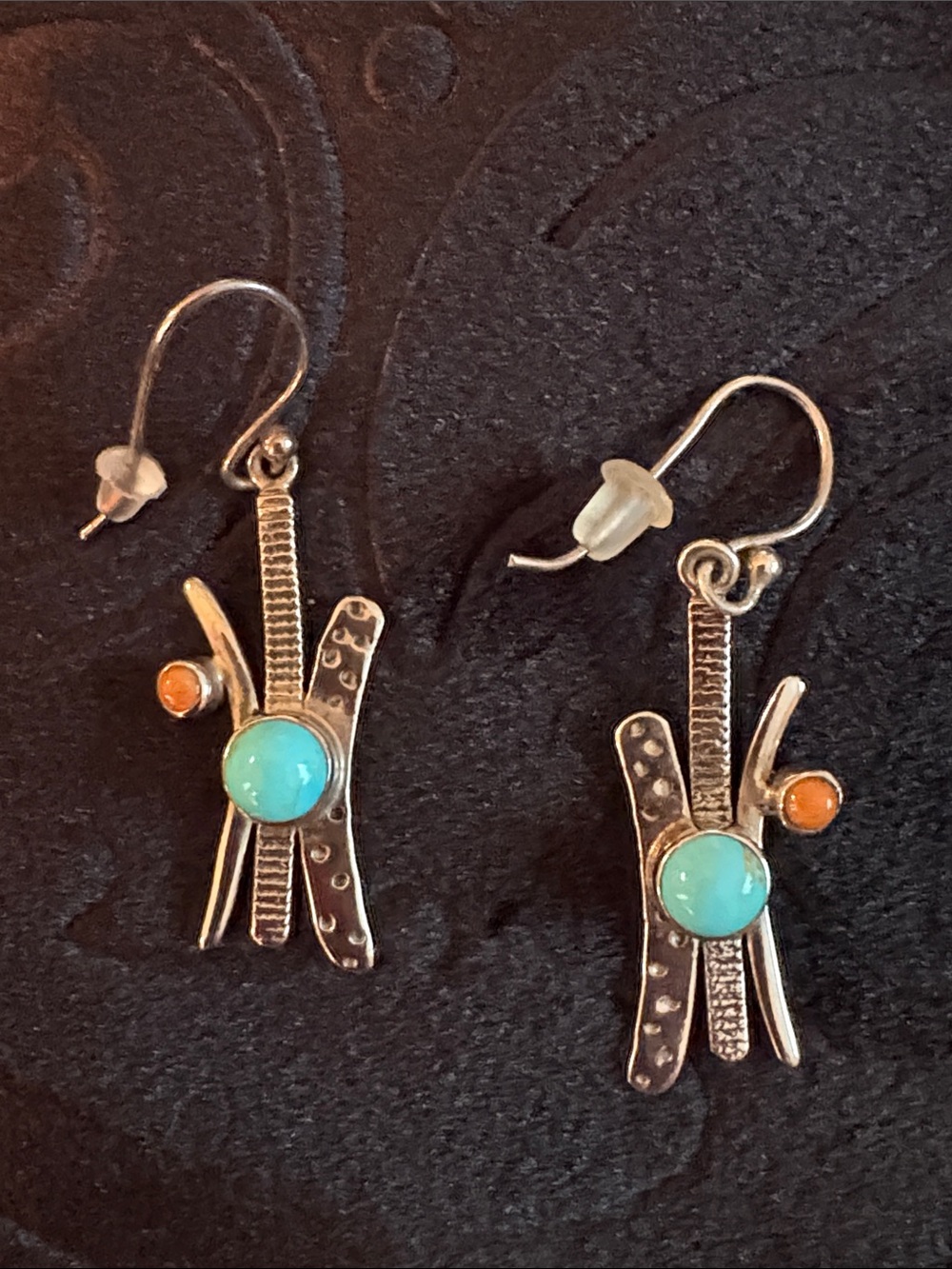 Sterling Silver & Genuine Turquoise & Orange Coral Stone Dangle Earrings